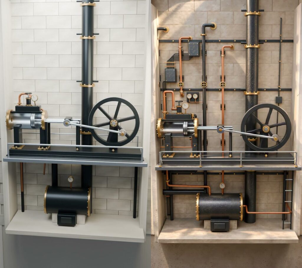 Early 3D engine on the left and the later detailed engine room on the right, from the Merlion film.