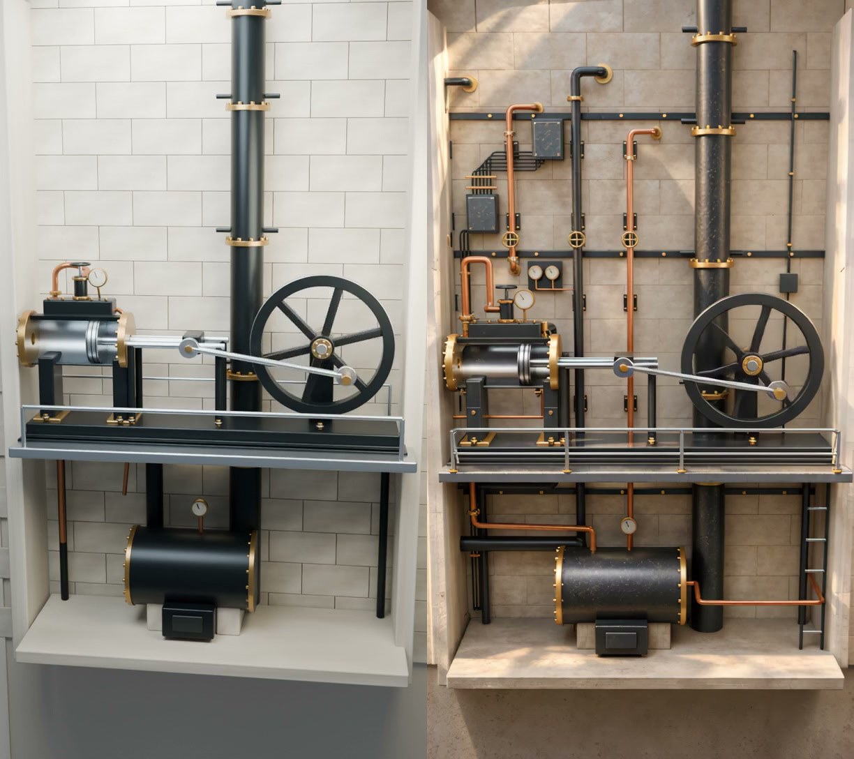 Early guides on the left; later detailed shots on the right. Engine, then pump. Several revisions separate each pair; each short cycle repeats three times.