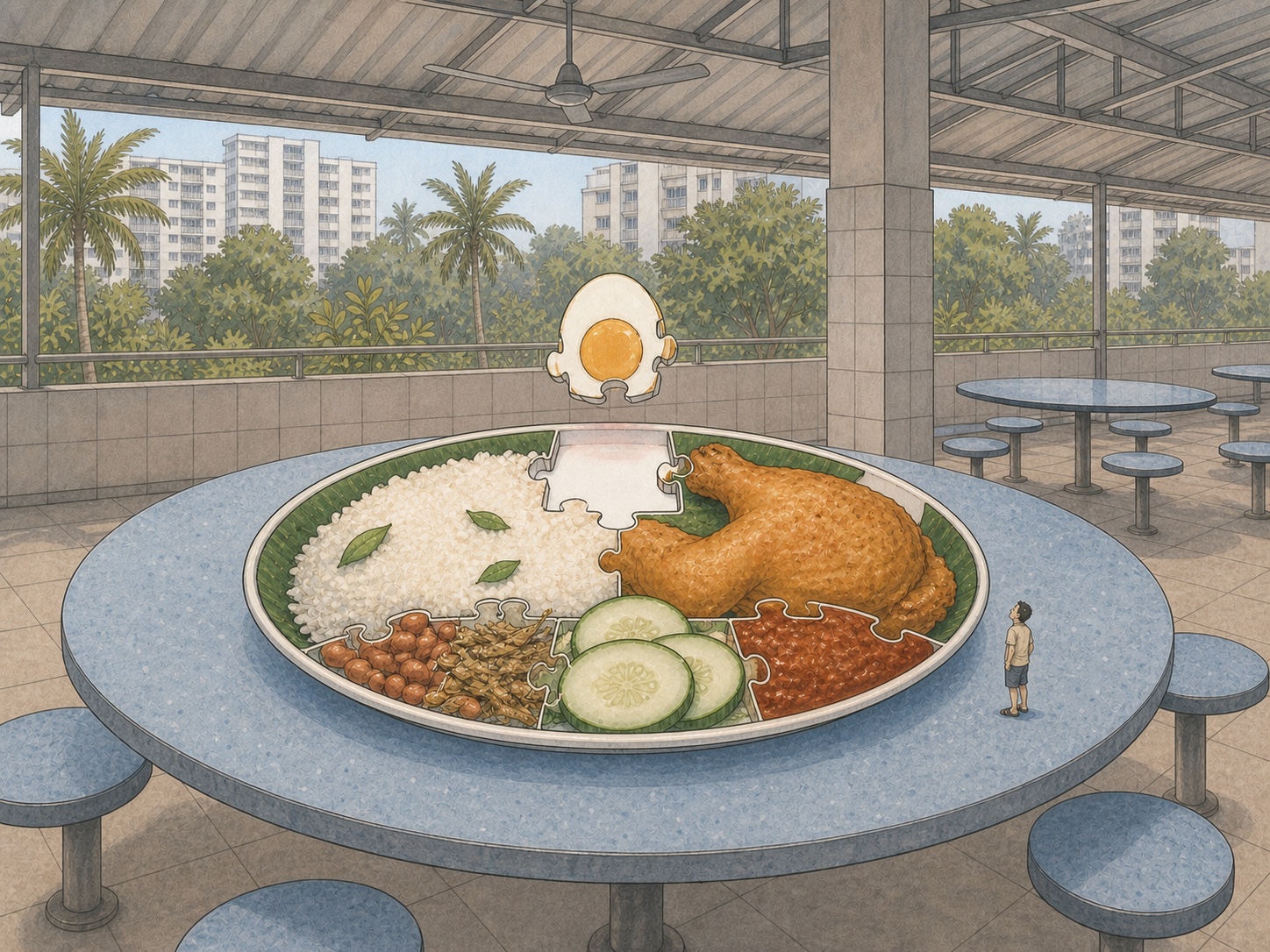 Editorial comic of a giant nasi lemak jigsaw puzzle with a mismatched egg piece on a hawker-centre table