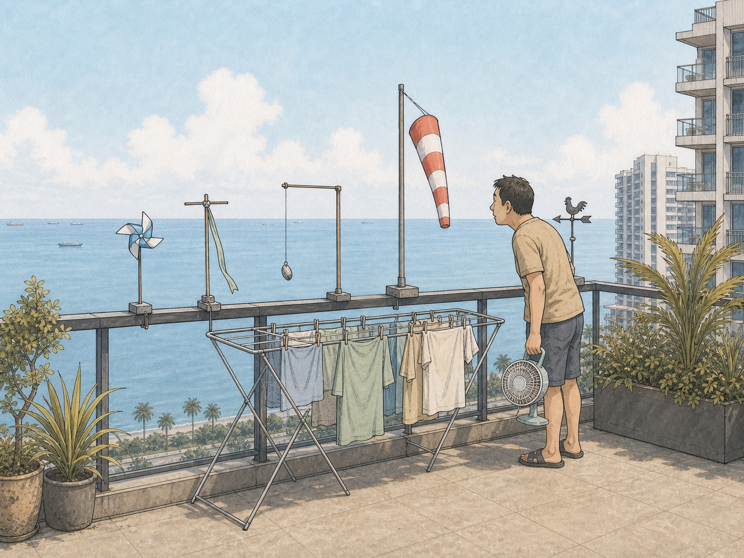 Editorial illustration of motionless wind indicators on a high-floor East Coast balcony overlooking the sea