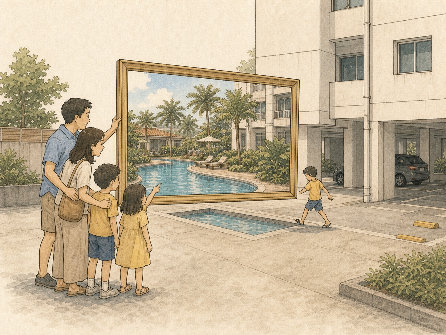 Editorial comic of a real-estate picture frame making a tiny condominium pool look like a tropical resort