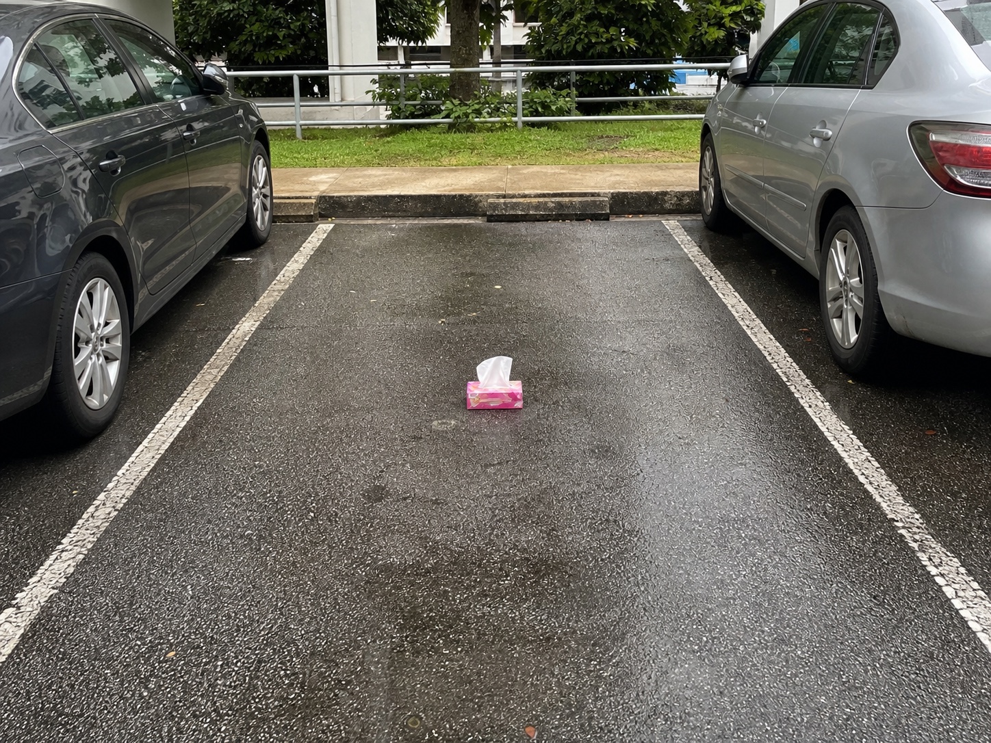 An intact tissue box reserving an empty Singapore parking space