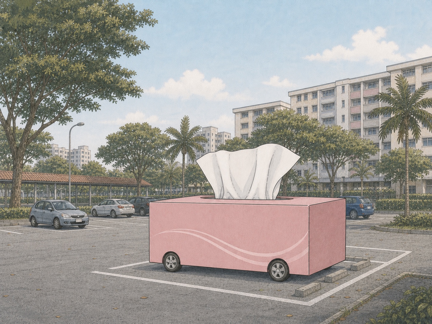 Editorial comic of a giant tissue box with wheels parked like a vehicle in a quiet Singapore HDB car park