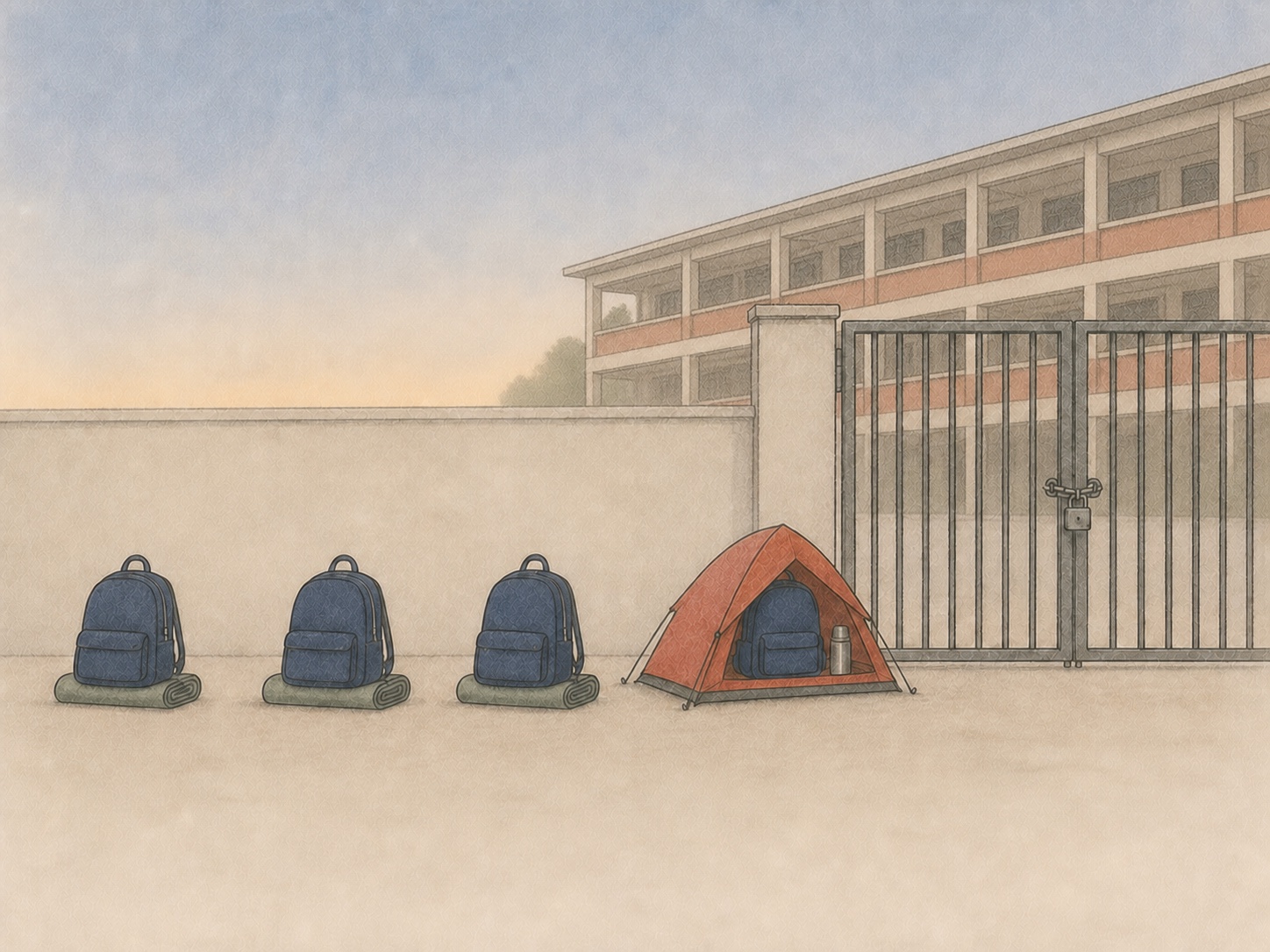 Editorial comic of four school backpacks camping in line outside a locked Singapore school gate before dawn