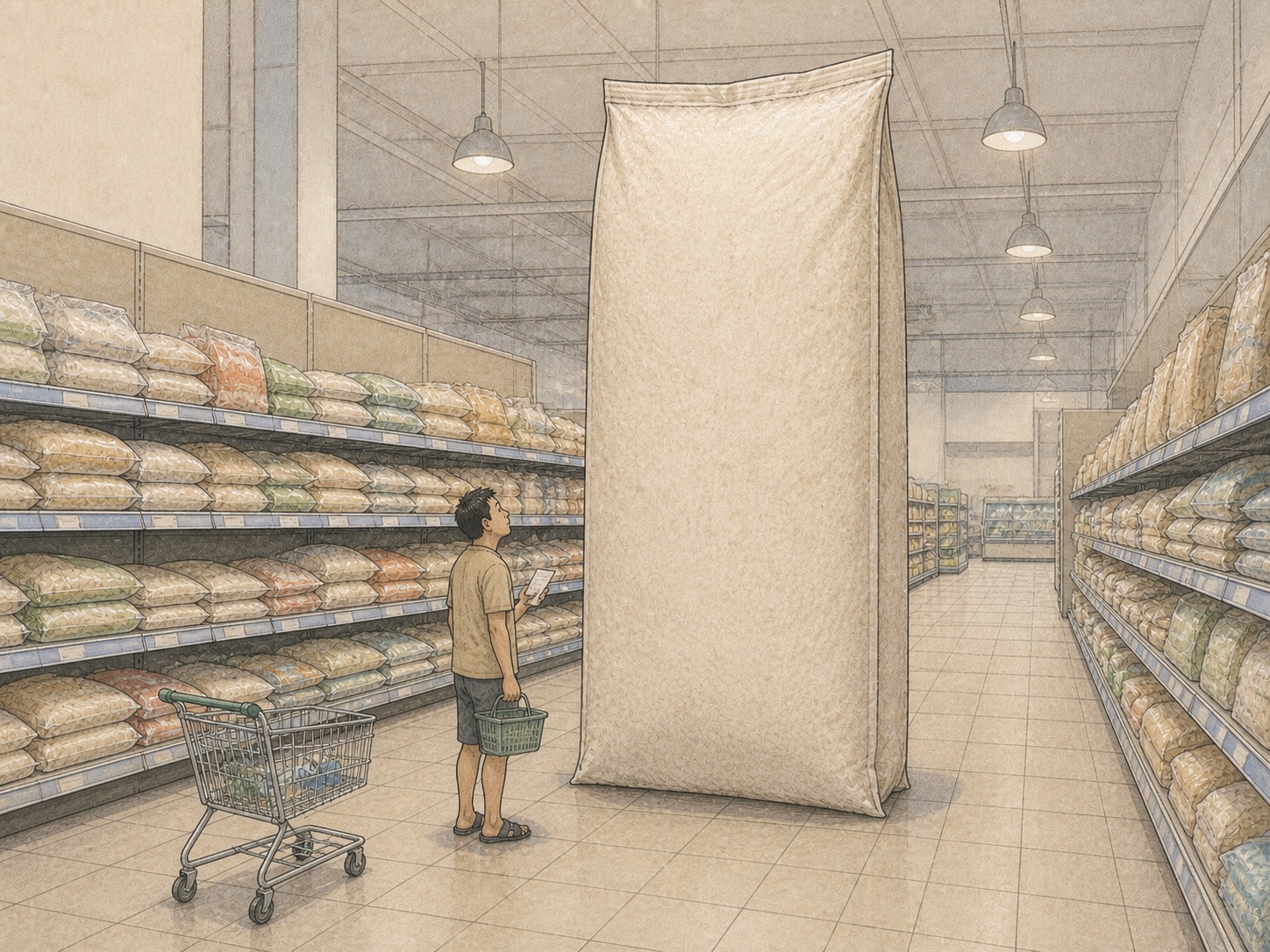 Editorial comic of a shopper facing a giant blank rice bag in a Singapore supermarket aisle