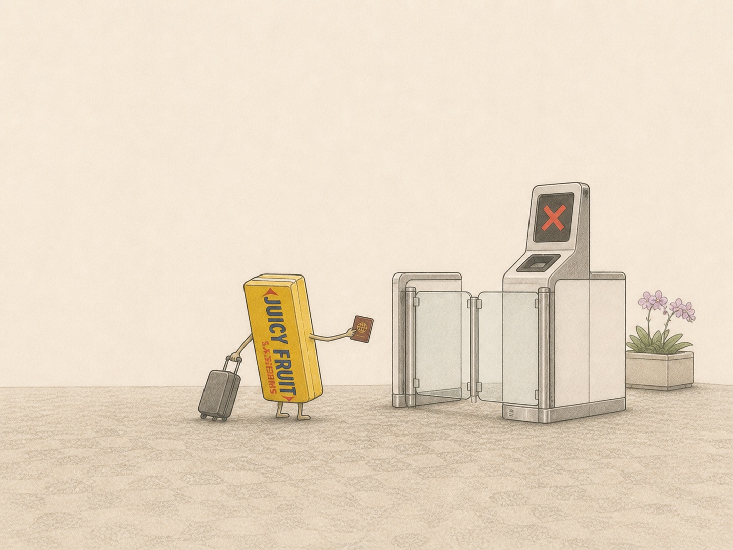 Editorial comic of a Juicy Fruit packet carrying a suitcase and passport being refused by an automated airport gate in Singapore