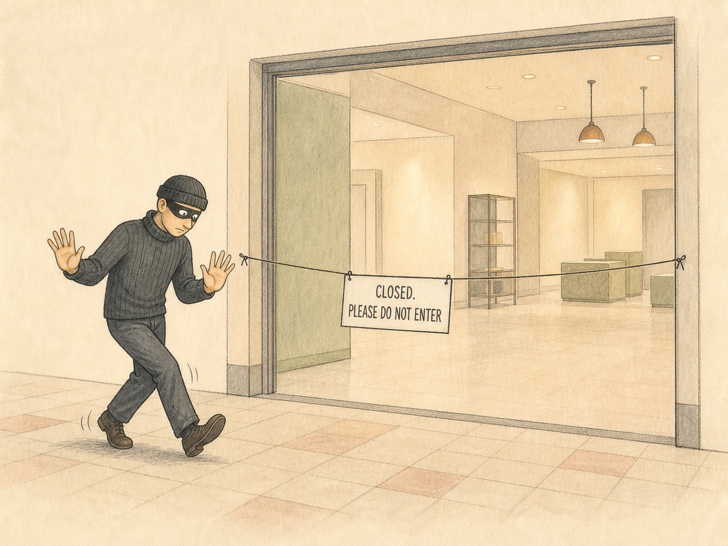 Editorial comic of an empty-handed burglar politely backing away from a completely open shop behind a Closed, please do not enter sign
