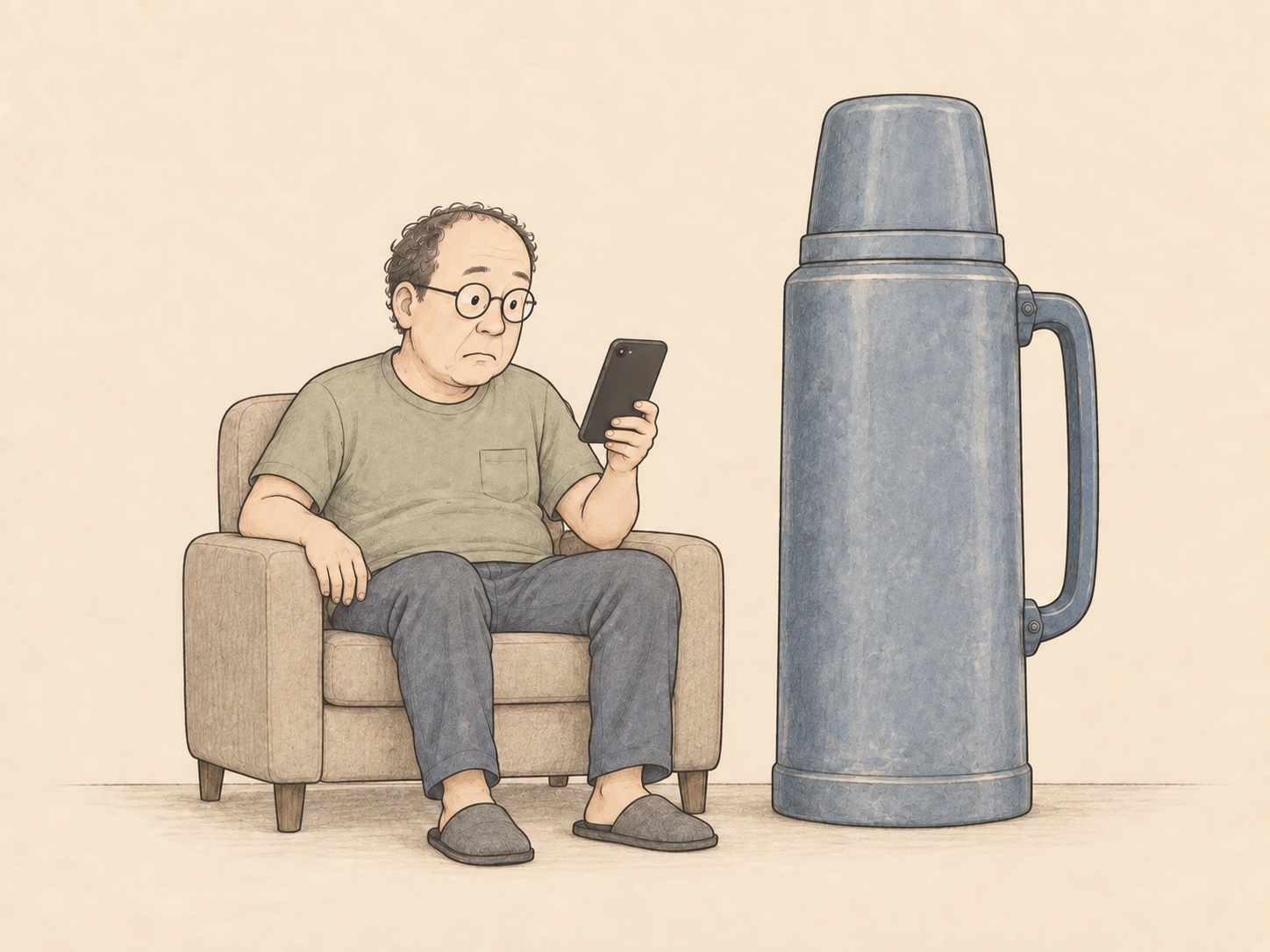Comic: a man sits beside a thermos as tall as himself, looking at his phone; its plain back faces the reader.