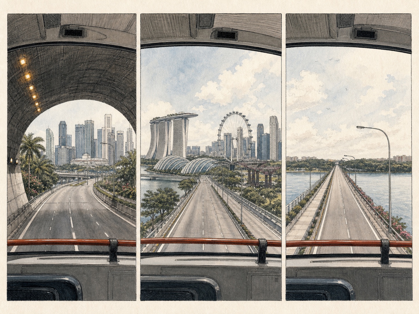 Three illustrated upper-deck views: emerging from a tunnel, crossing Marina Bay and travelling over Yishun Dam.