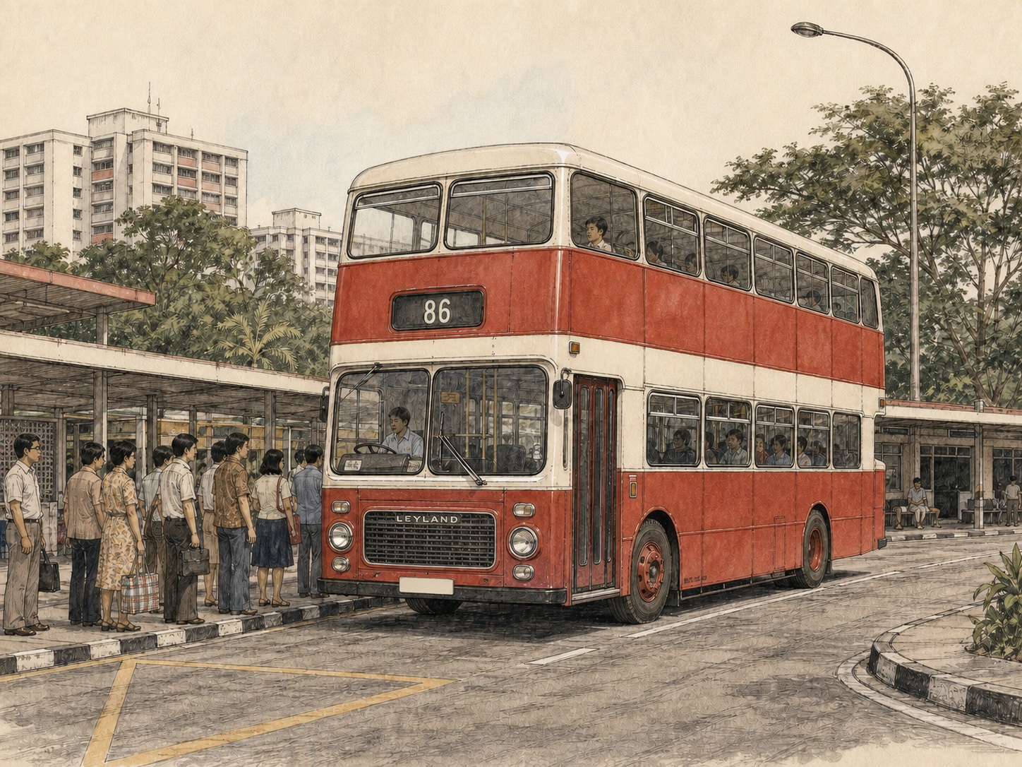 Illustrated reconstruction of a red-and-white Service 86 double-decker bus in Singapore in 1977.