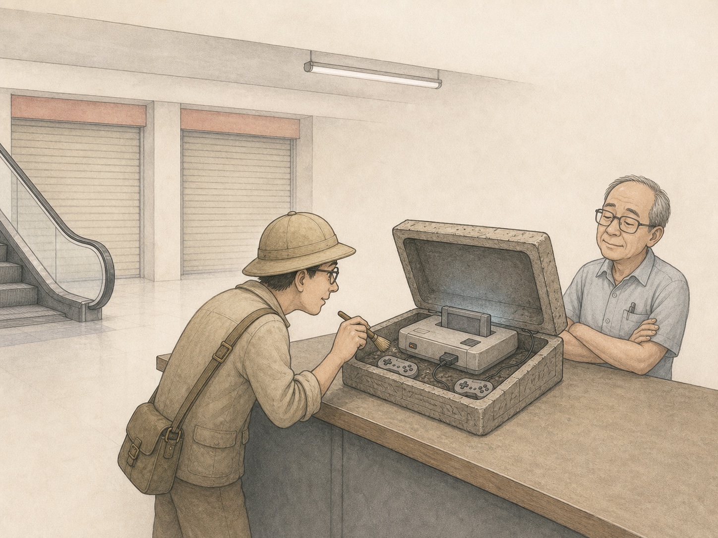 Editorial comic of an electronics explorer dusting off a retro game console displayed like an archaeological find at Sim Lim Square