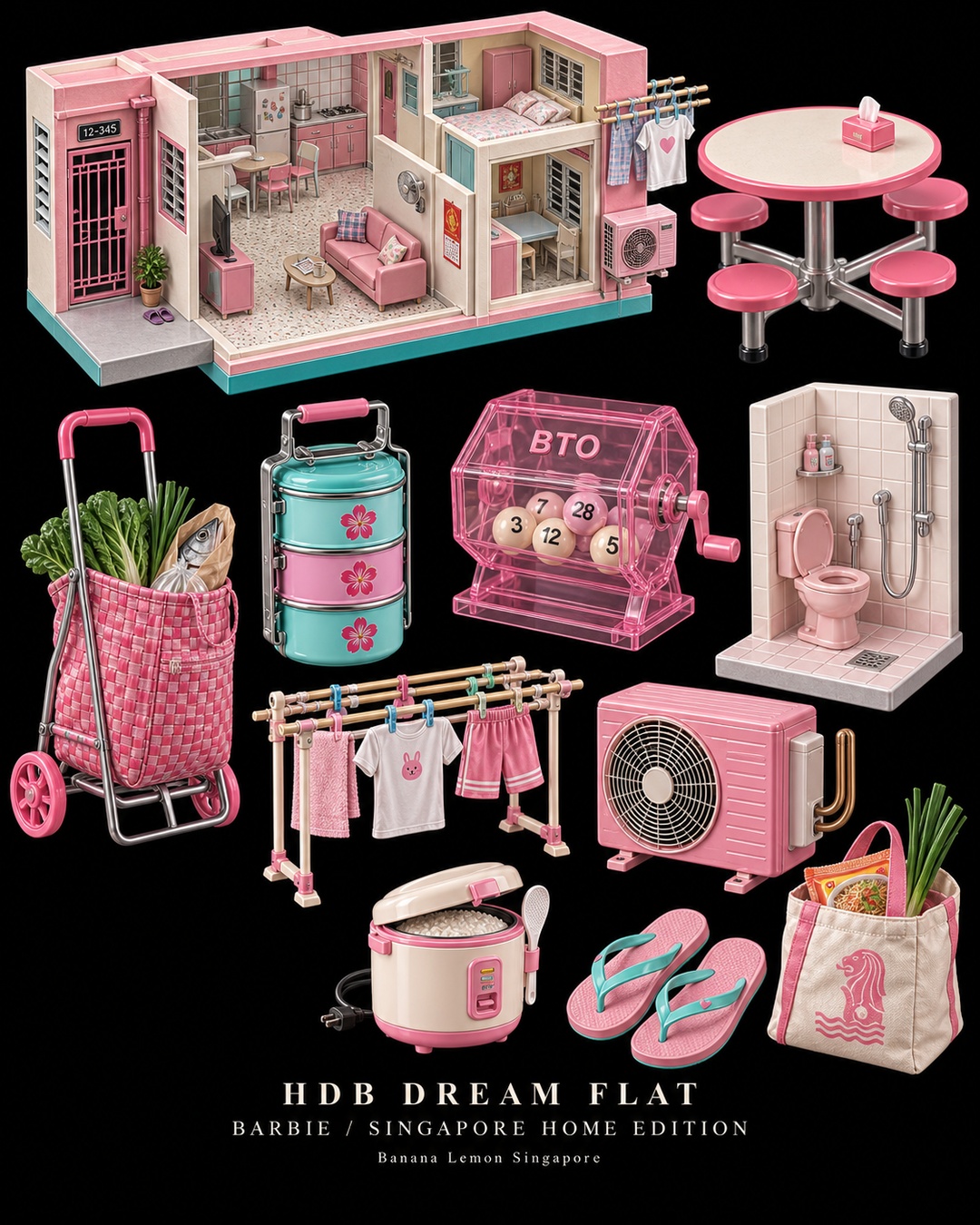 AI concept of a pink Barbie-inspired Singapore housing playset: cutaway HDB flat, grille door, fixed-seat hawker table, market trolley, laundry poles, wet room, air conditioner and rice cooker.