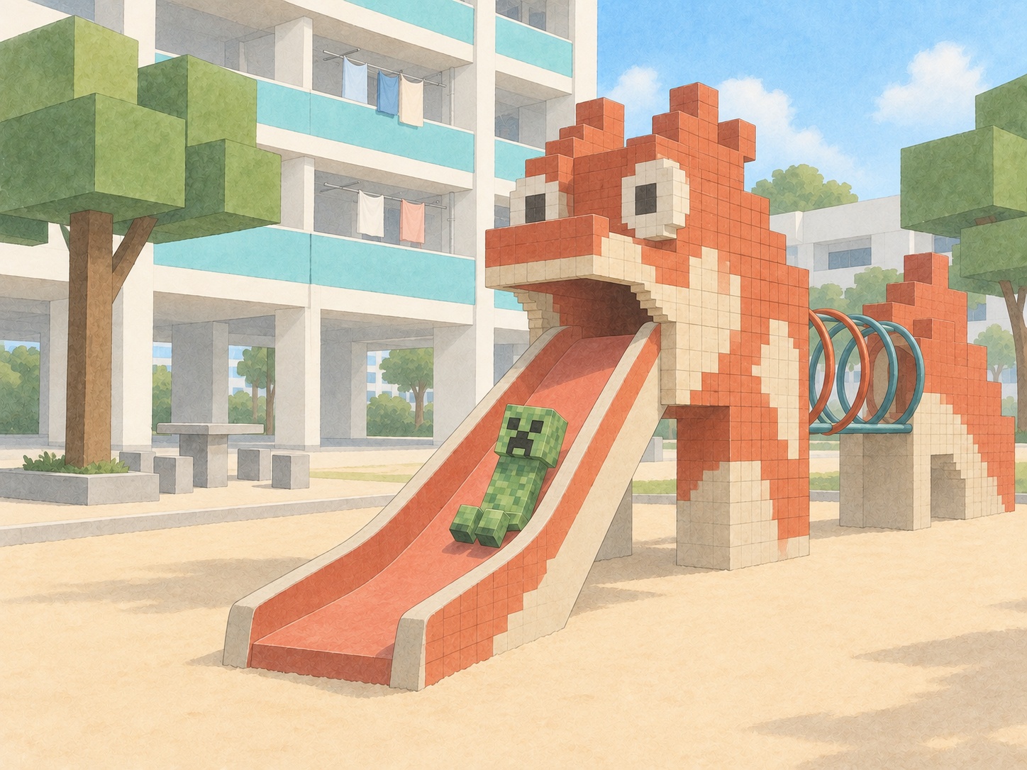 A Minecraft creeper slides down a mosaic dragon playground in an old Singapore HDB courtyard, drawn in pencil and watercolour.