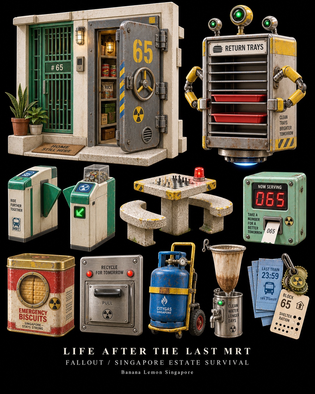 AI concept of Fallout adapted to Singapore: an apartment shelter entrance, hovering tray-return robot, MRT gates, void-deck chess table, queue display and emergency biscuit tin.