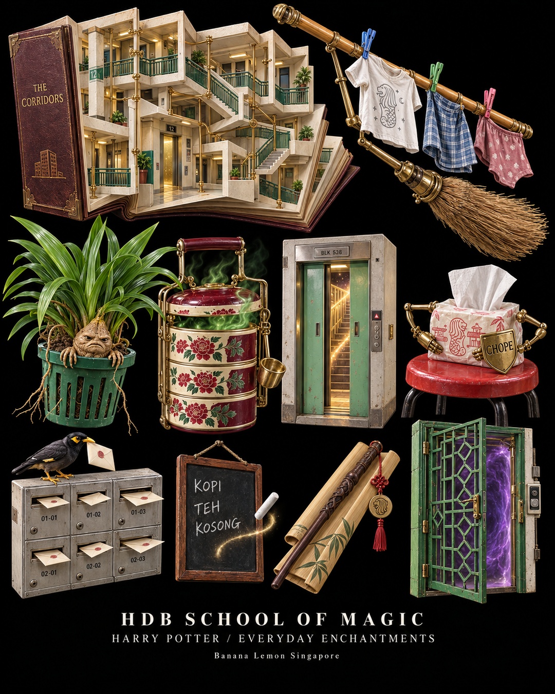 AI concept inventory of magical Singapore household objects: an atlas of HDB corridors, a flying bamboo laundry broom, pandan mandrake, potion tingkat and a tissue packet with a shield guarding a seat.