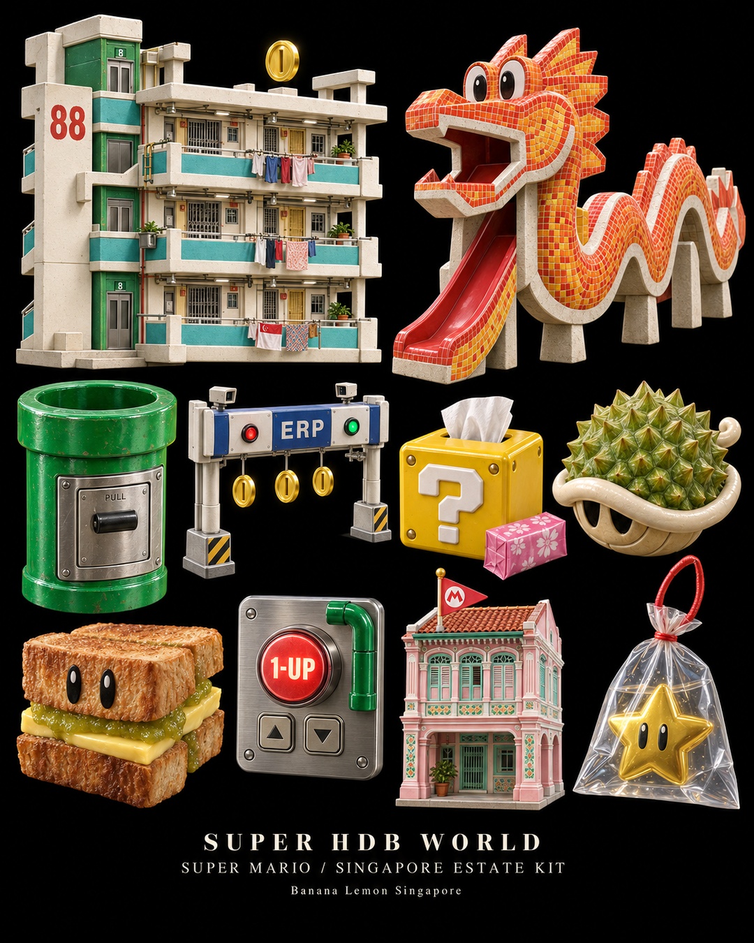 AI concept inventory imagining Super Mario through Singapore: HDB corridors, a mosaic dragon playground, rubbish-chute warp pipe, ERP gate, durian shell and kaya-toast power-up.