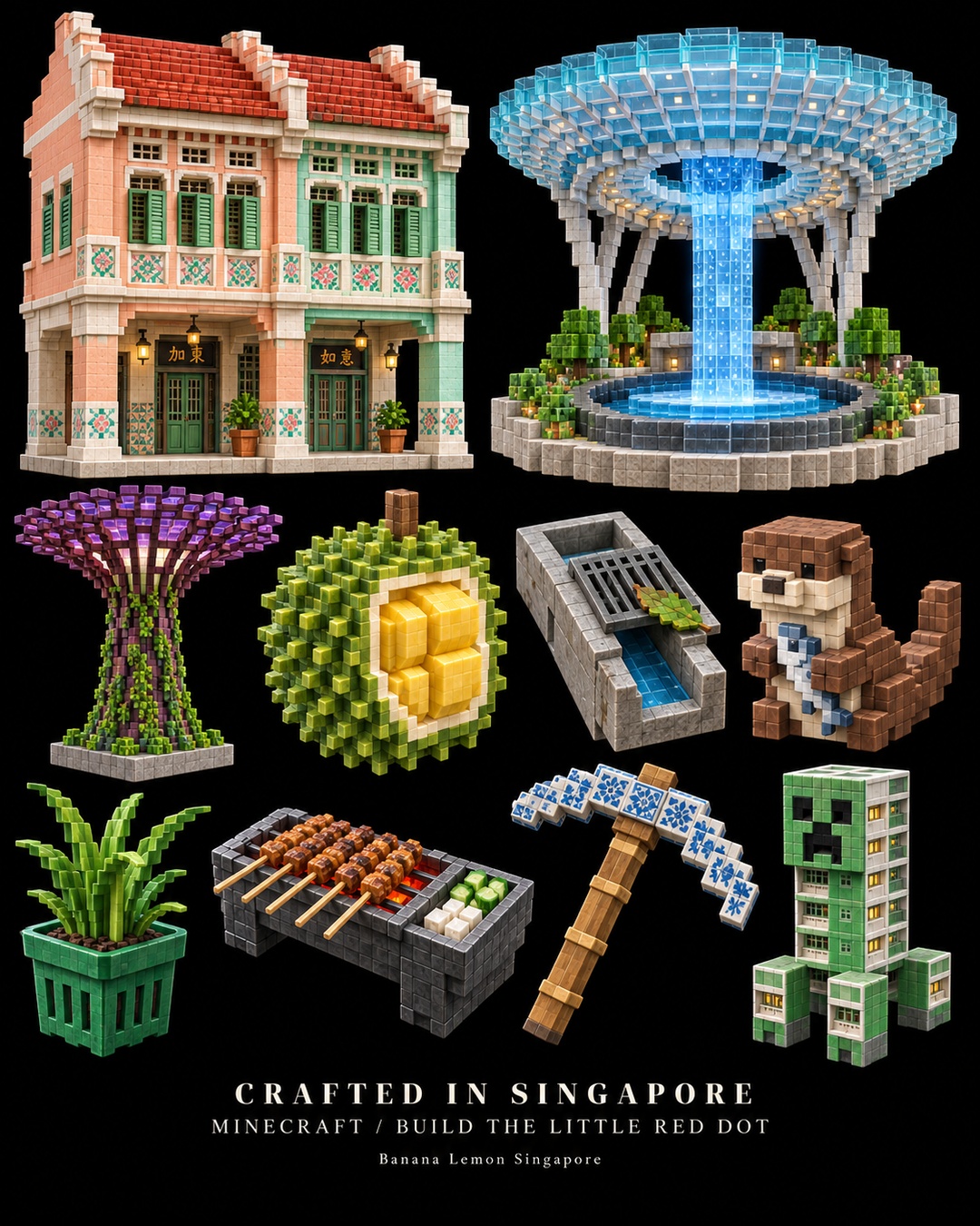 AI concept of Singapore as Minecraft-style voxel collectibles: Joo Chiat shophouses, Jewel waterfall, Supertree, durian, otter, drain, satay grill and HDB-facade creeper.