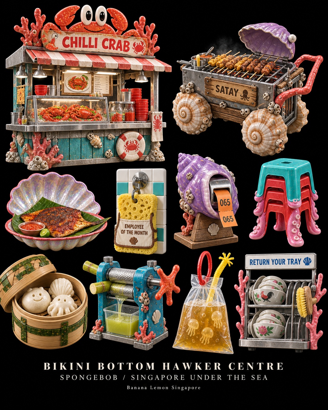 AI concept of SpongeBob's underwater Singapore hawker centre: chilli-crab stall, shell-wheeled satay grill, conch queue dispenser, tentacle stools and coral sugarcane press.