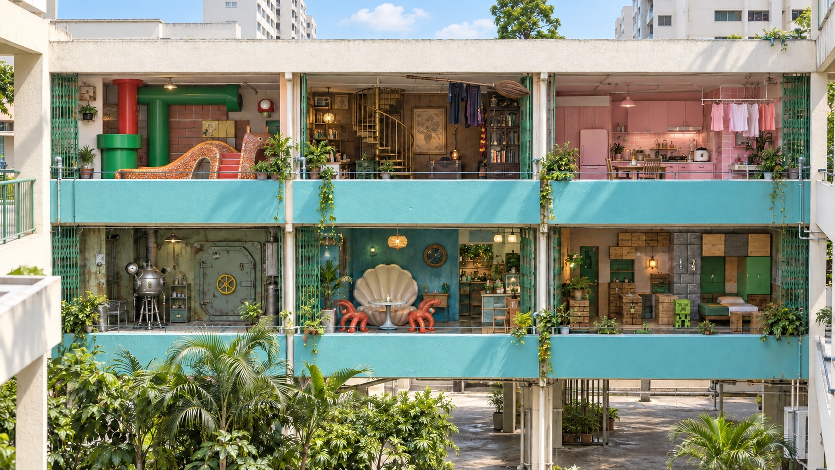 AI-imagined sunny Singapore HDB courtyard with six apartments inspired by familiar films and games.