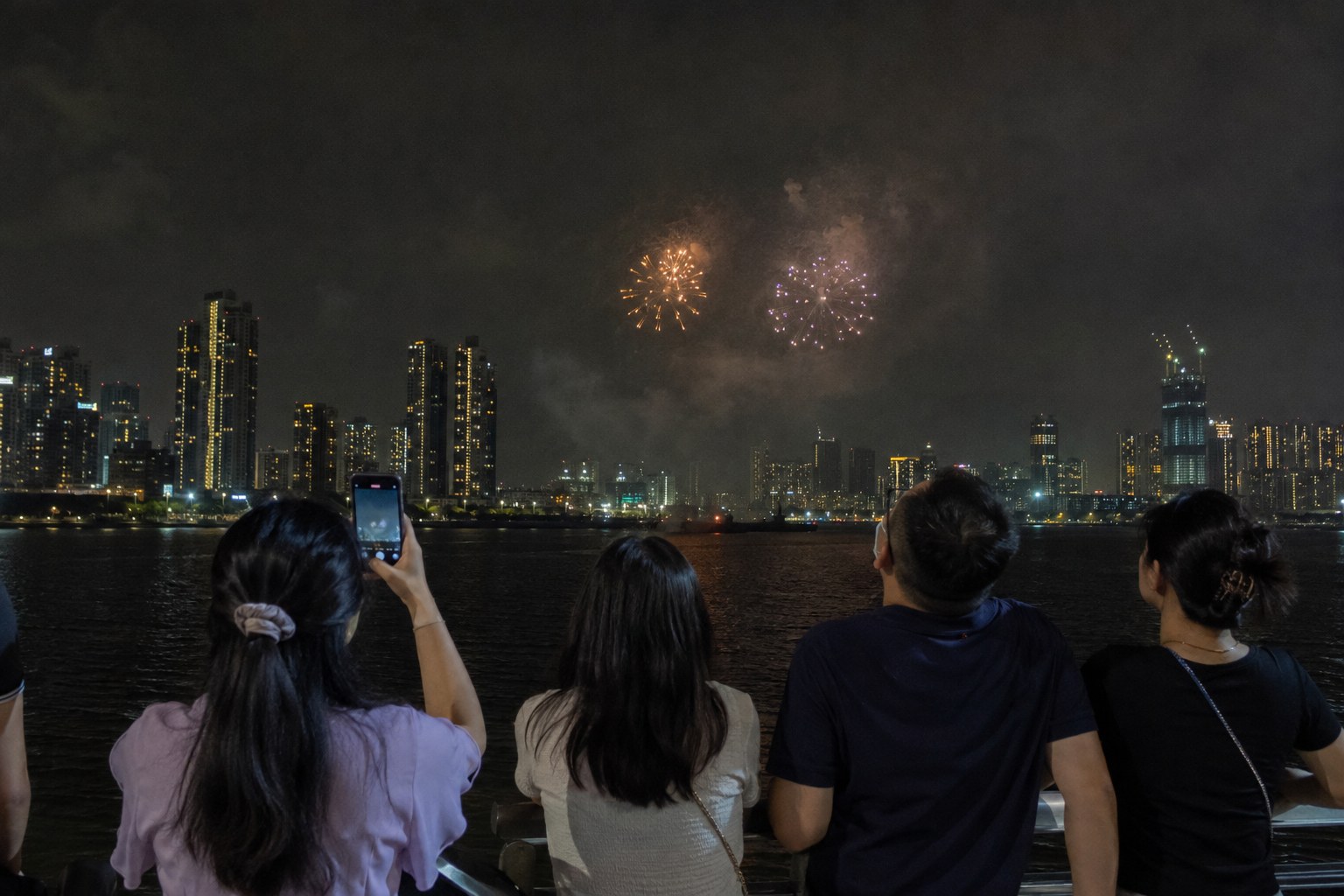 People watching a distant fireworks display from the waterfront.