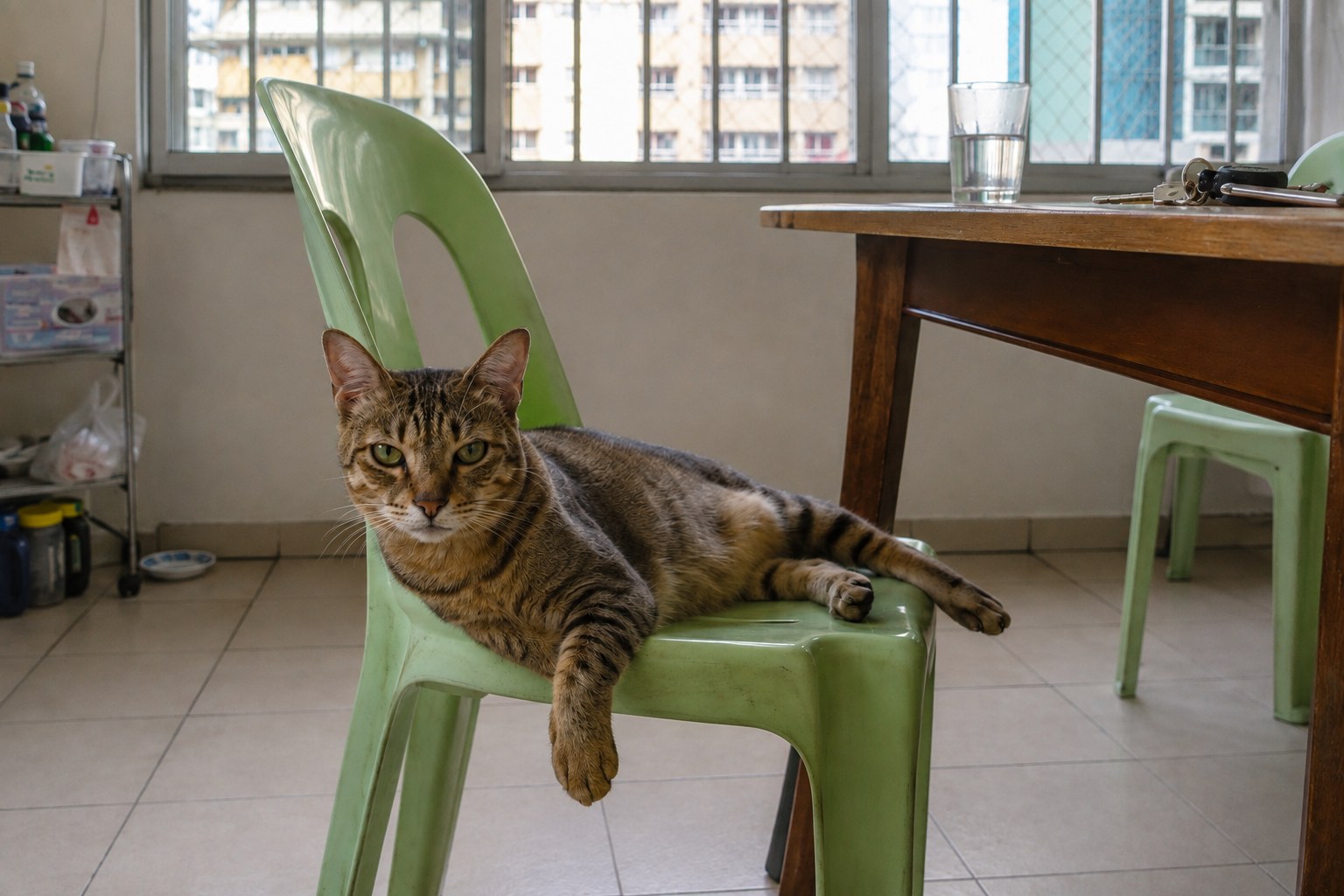 A tabby cat relaxing on a green chair in a Singapore flat.