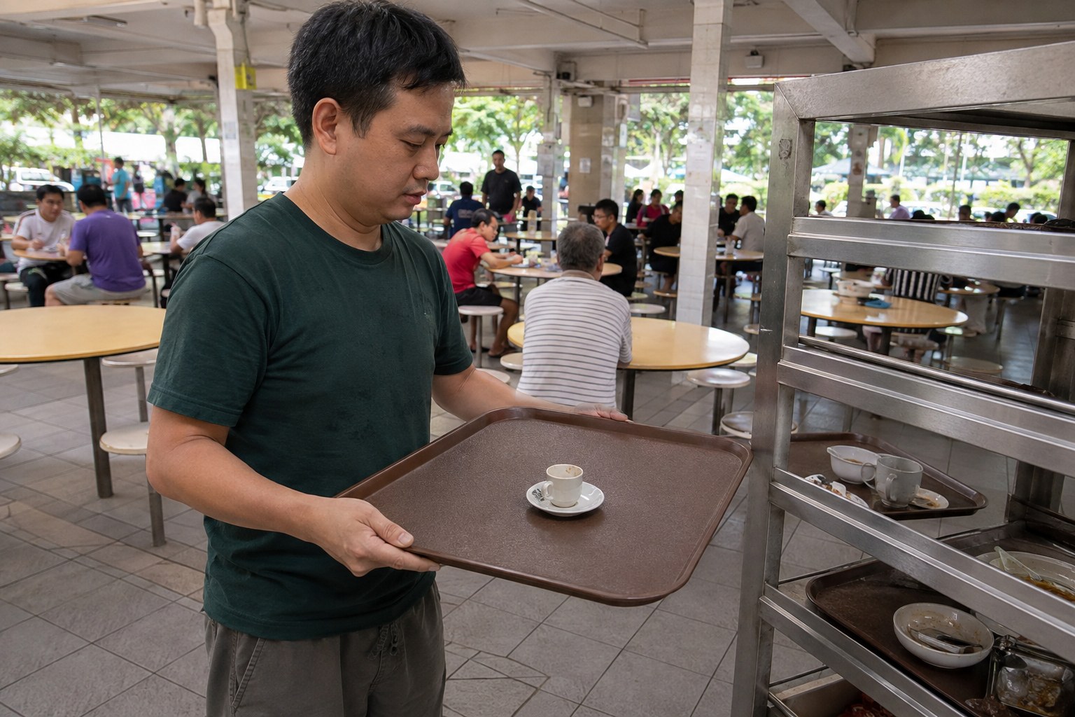 A diner returning a large tray with one small coffee cup.