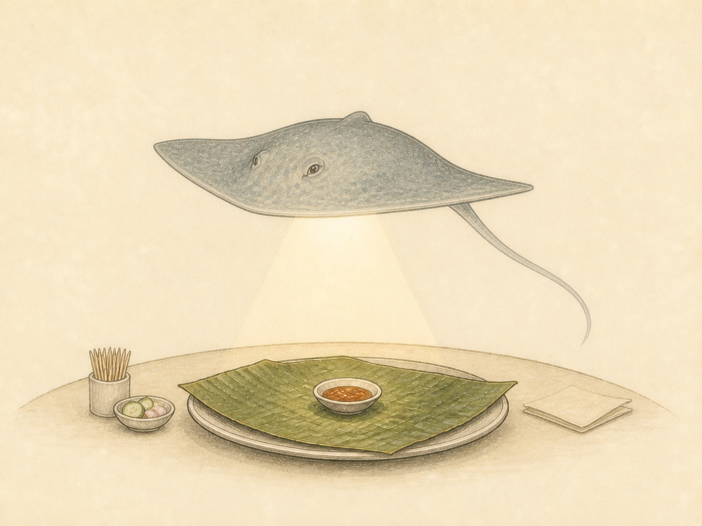 Editorial illustration of a stingray hovering like a UFO over a banana-leaf plate and a bowl of sambal