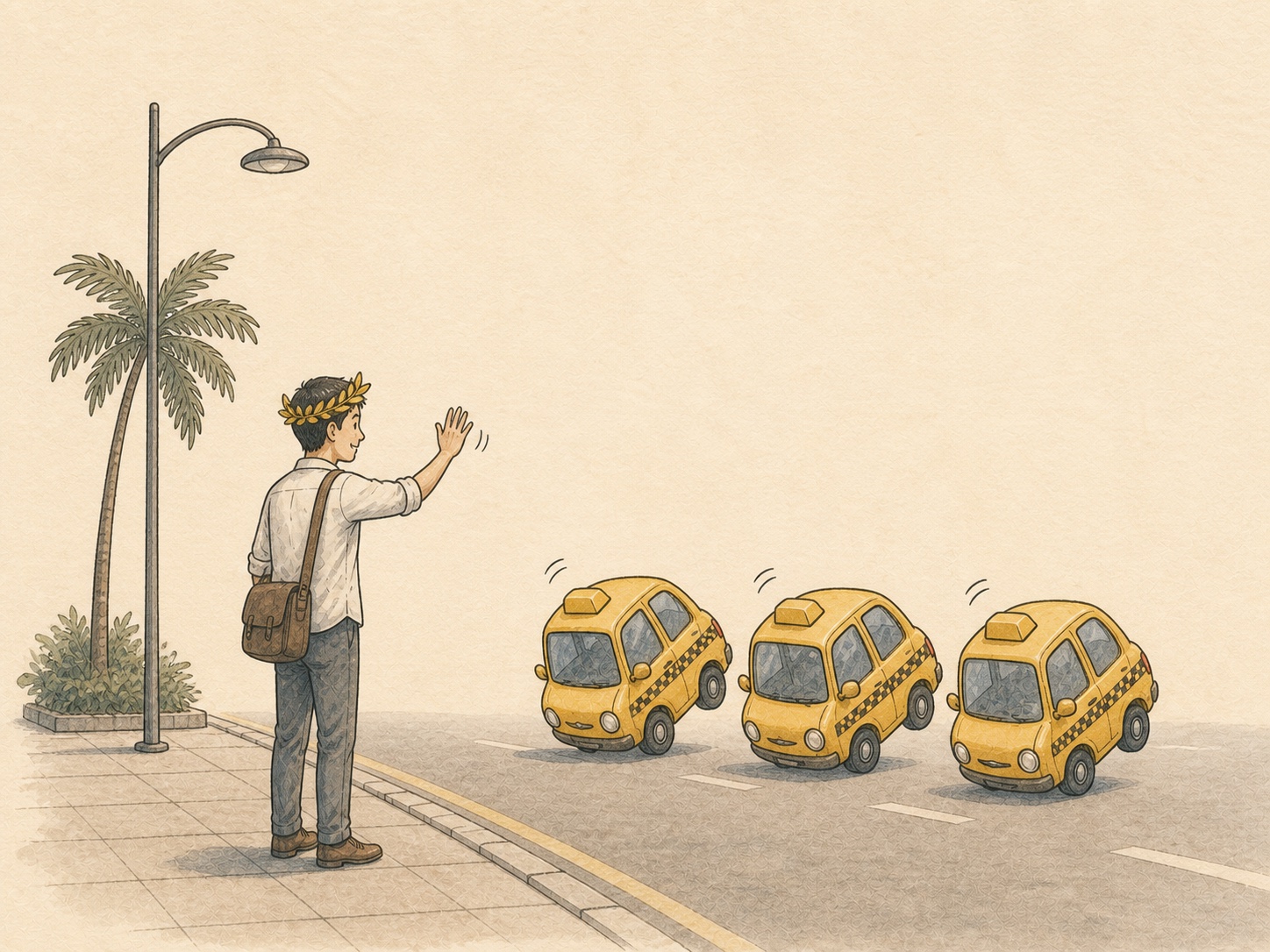 Editorial comic of a commuter in a laurel wreath hailing three Singapore taxis that bow like Roman courtiers