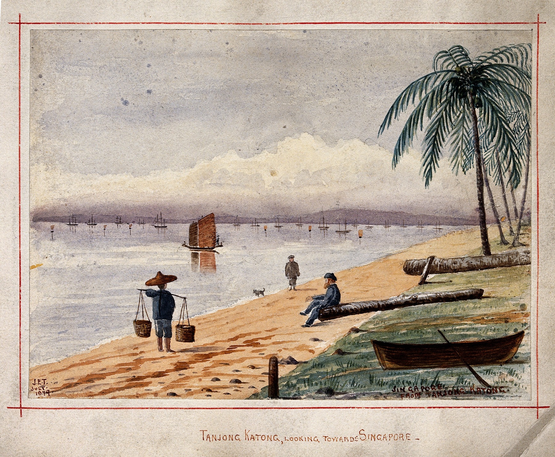 An 1879 watercolour of Tanjong Katong beach, with coconut palms, people and boats on the shore.