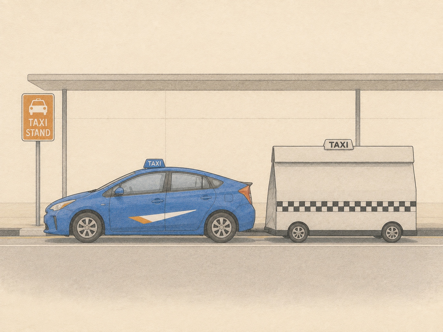A blue Singapore taxi followed by a grey paper sickness-bag taxi at a taxi stand