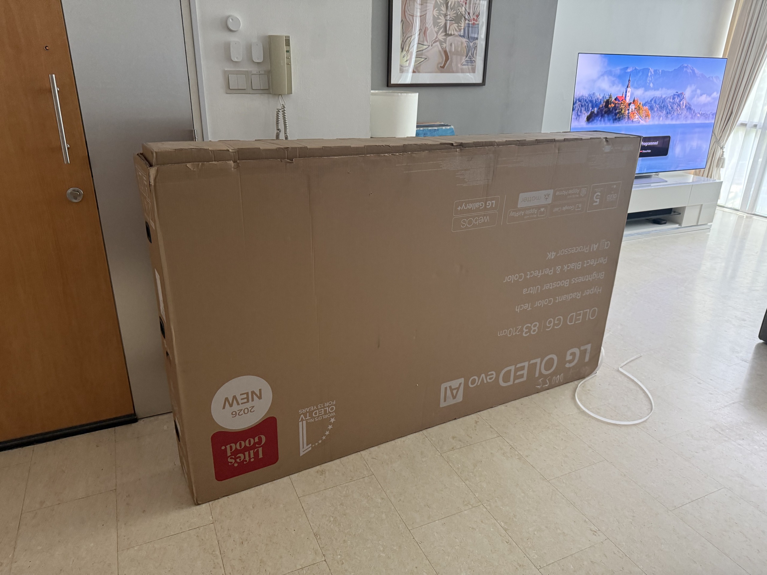 A large cardboard television box standing in the hallway, with a television visible behind it.