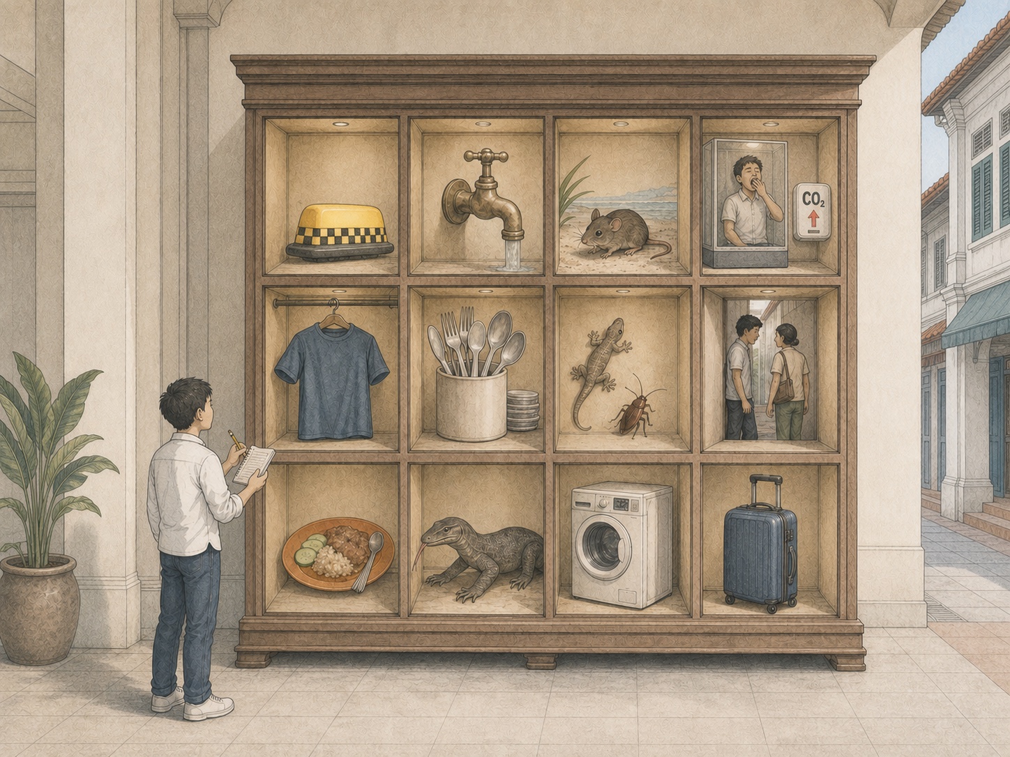 Editorial comic of a twelve-compartment cabinet displaying everyday Singapore oddities, including a taxi roof light and a high-CO2 room