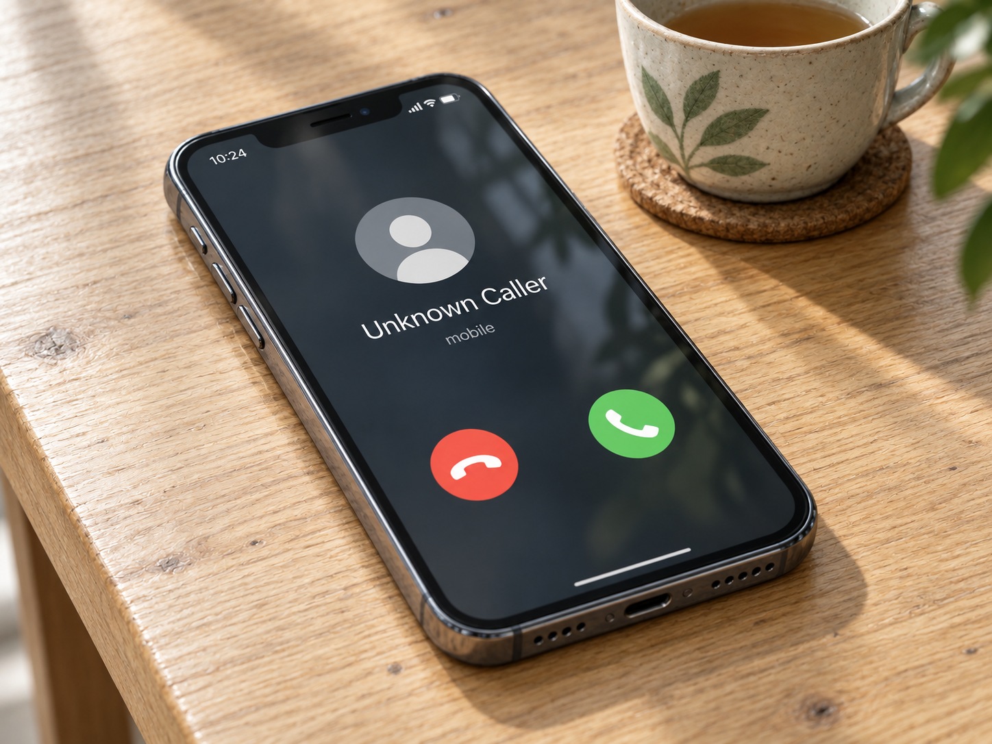AI-generated photorealistic illustration of an iPhone receiving an Unknown Caller call beside a cup of tea.