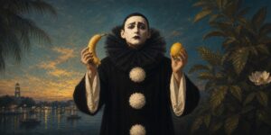 Alexander Vertinsky as Black Pierrot holding a banana and a lemon
