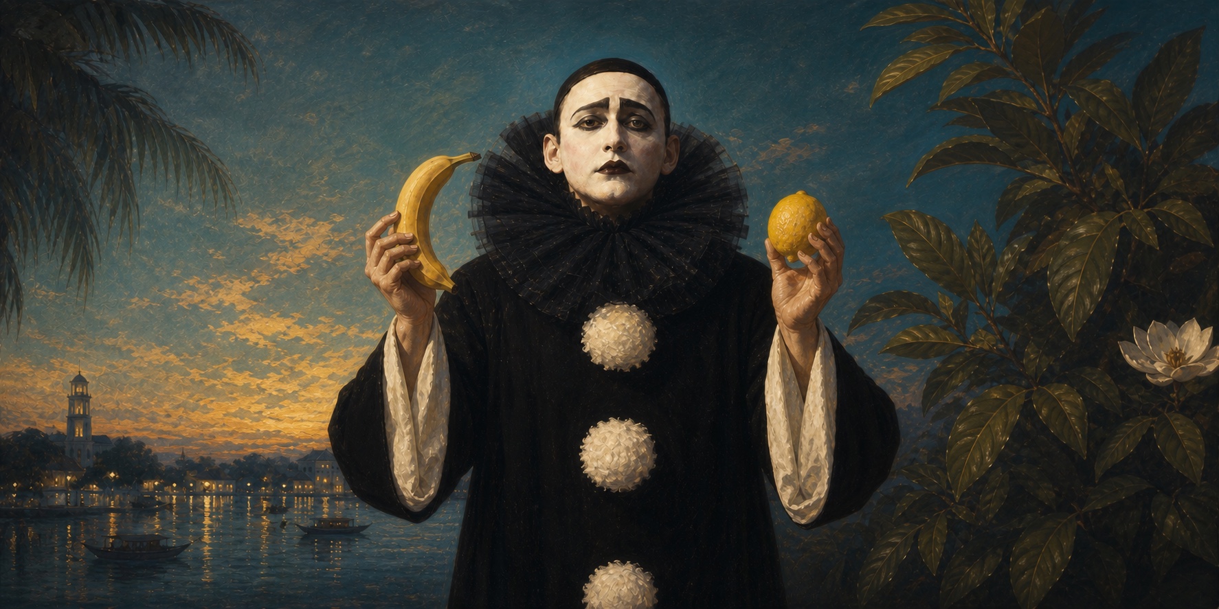 Alexander Vertinsky as Black Pierrot holding a banana and a lemon