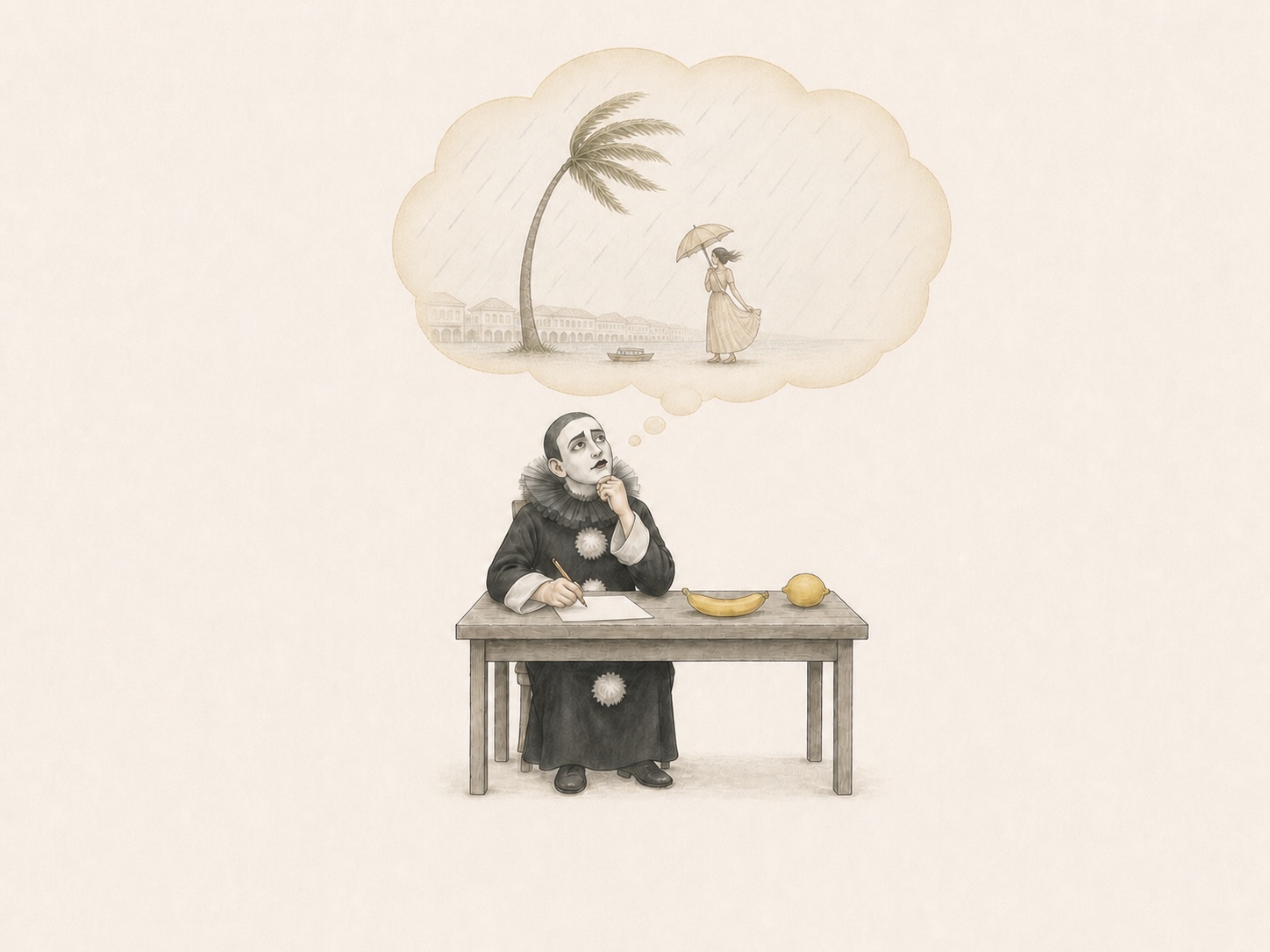 Airy editorial illustration of Alexander Vertinsky as Pierrot imagining a storm over the Singapore River, with a banana and lemon on his desk