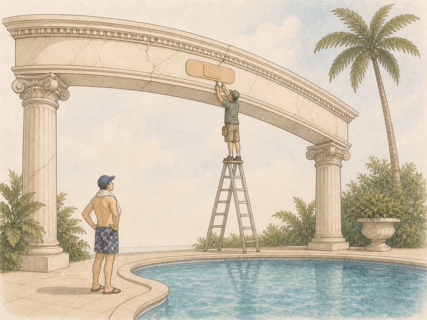 Editorial comic of a Roman-style condominium pool arch repaired with a giant adhesive bandage