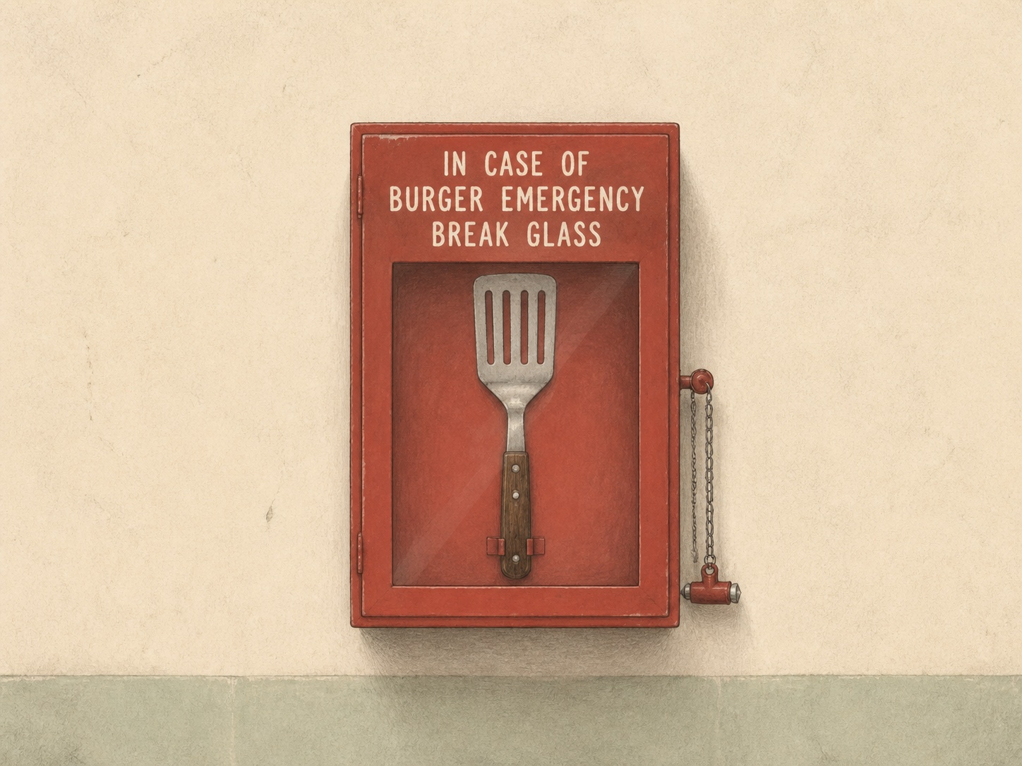 Illustration of an emergency cabinet containing a grill spatula beneath the words In Case of Burger Emergency, Break Glass
