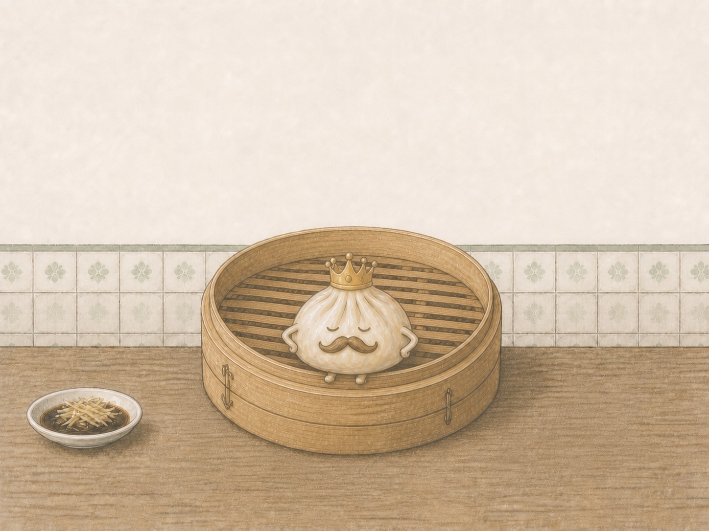 Editorial comic of a crowned xiao long bao dumpling sitting alone in a bamboo steamer beside vinegar and ginger