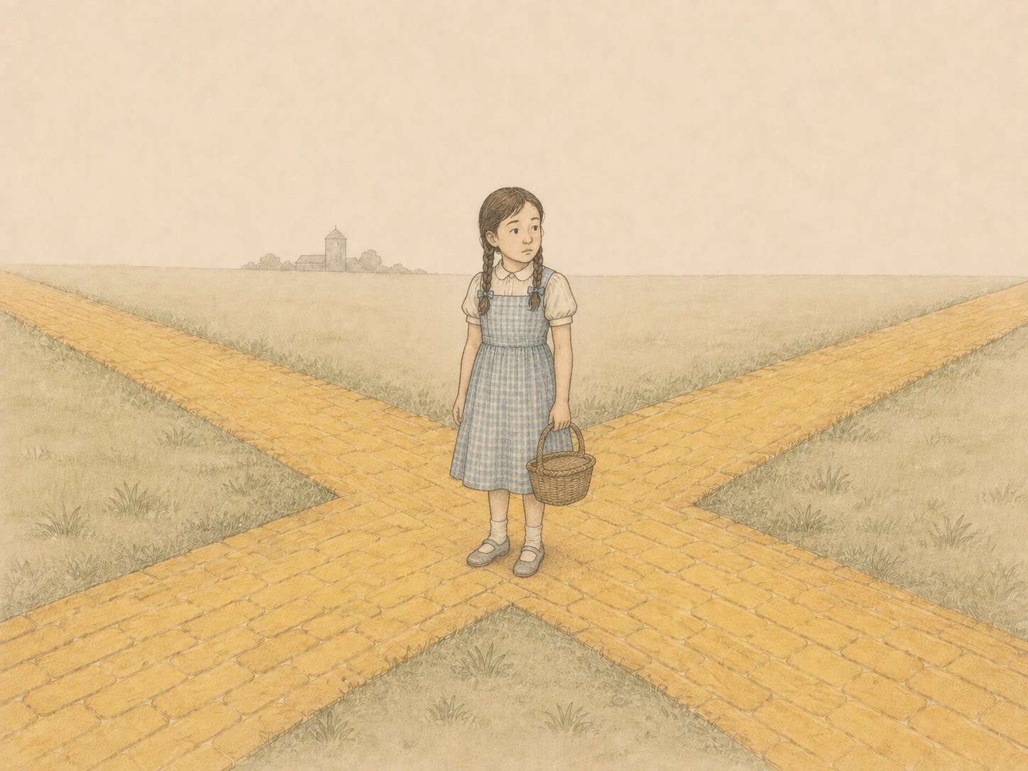 Comic: a girl with two braids and a wicker basket pauses where four yellow brick paths meet.