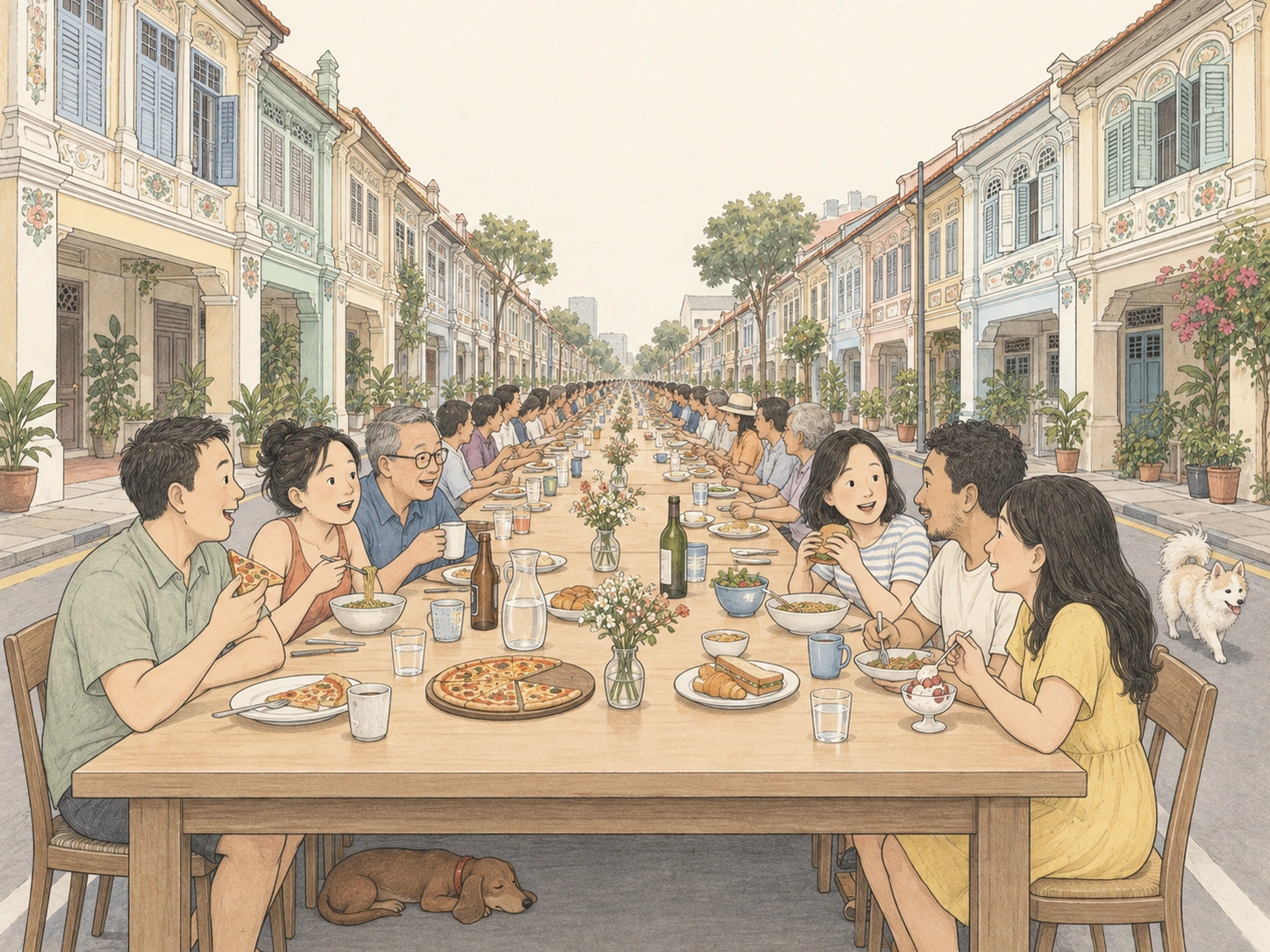 Neighbours share a long table of different dishes, drinks and flowers between Joo Chiat shophouses, with a sleeping dachshund and a passing fluffy dog.
