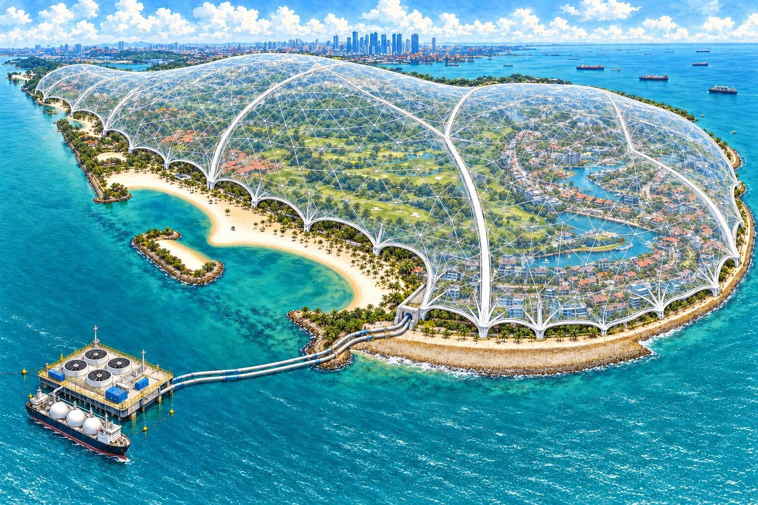 Illustrated aerial view of Sentosa beneath a transparent triangular-panel dome, with beaches outside and a winter-storage ship beside a floating cooling platform.