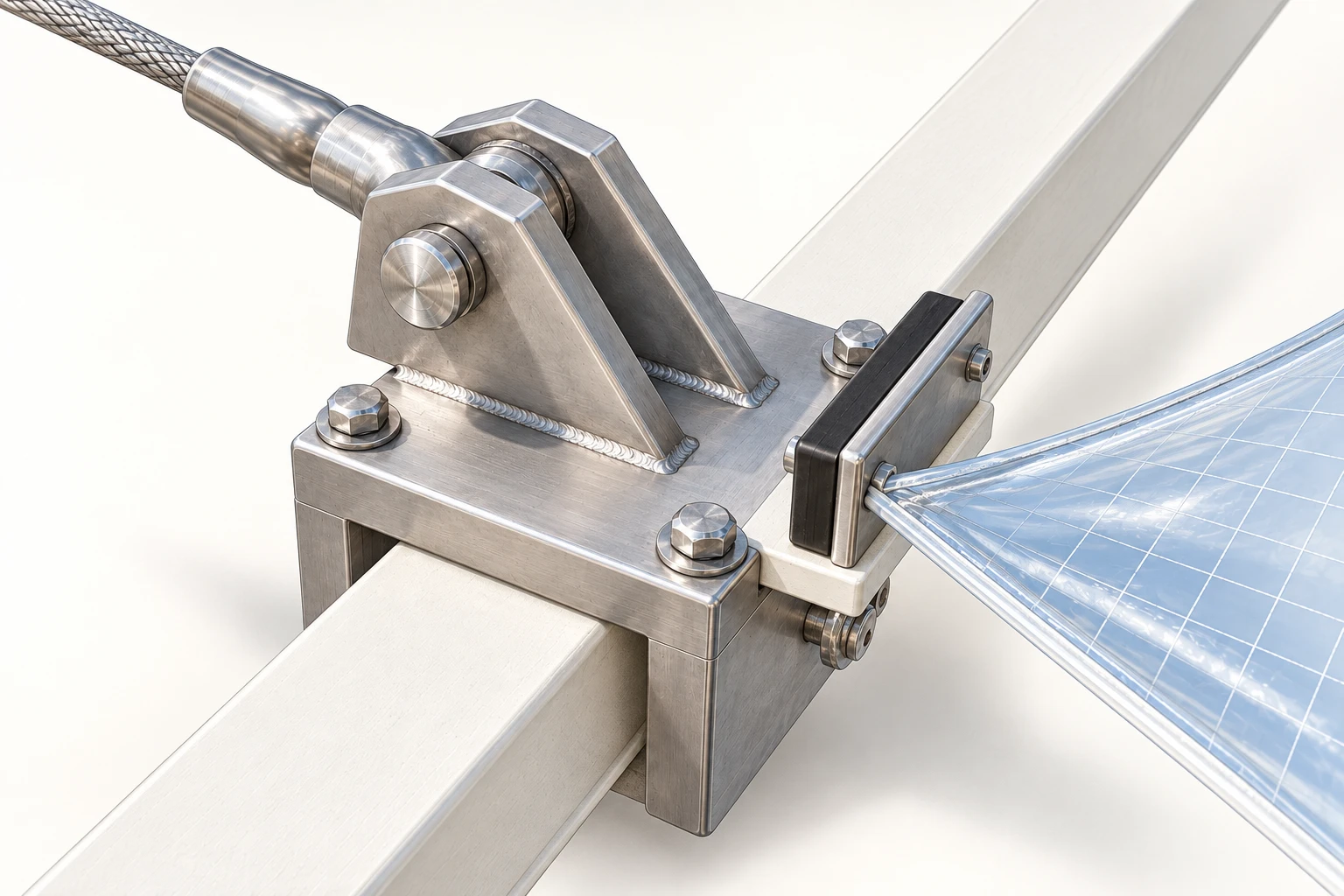 Detailed metal clevis and pin carrying a cable socket, with a separate gasketed panel clamp alongside it on a white structural rib.