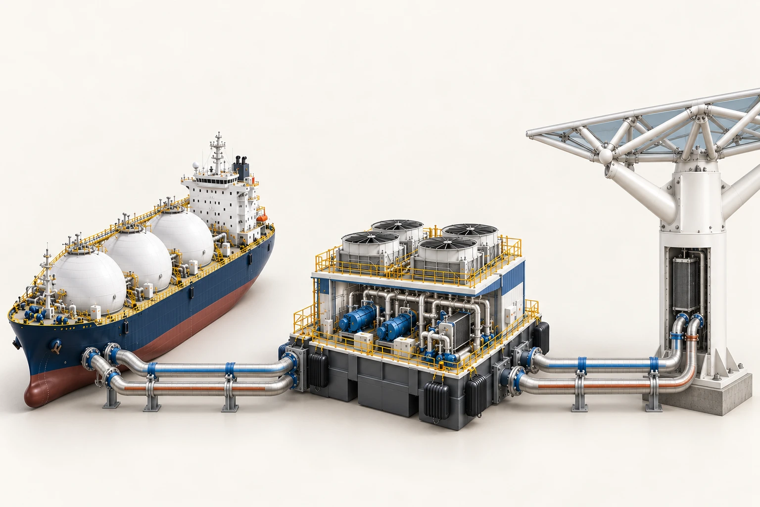 Three-tank thermal-storage ship connected by paired pipes to a four-fan floating cooling plant and a dome column with an exposed air coil.