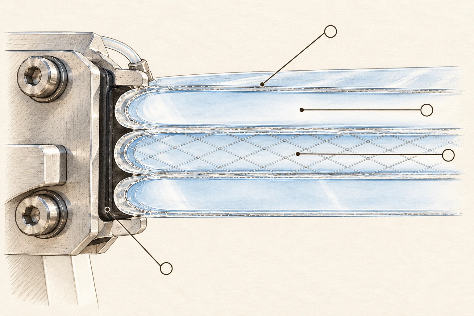 Drawn compact cross-section of three transparent cushions, central reinforcing mesh and a bolted gasketed edge clamp.