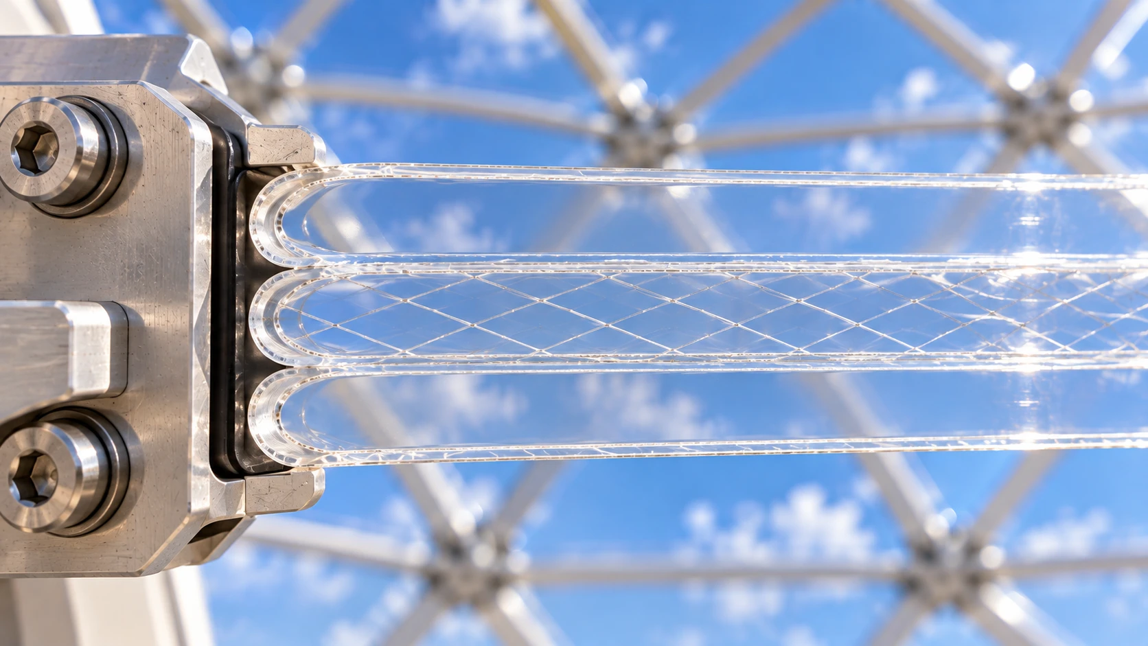 A close section from the film shows transparent cushion layers and reinforcing mesh held at a metal edge clamp.