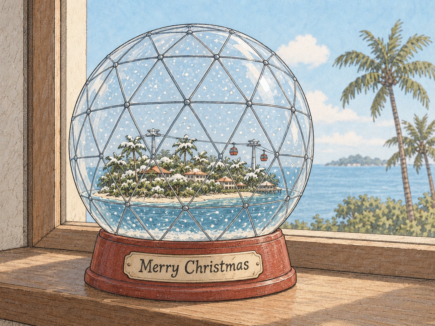 A Christmas snow globe encloses a snowy tropical island and cable cars beneath triangular geodesic panes, with Merry Christmas on its base.