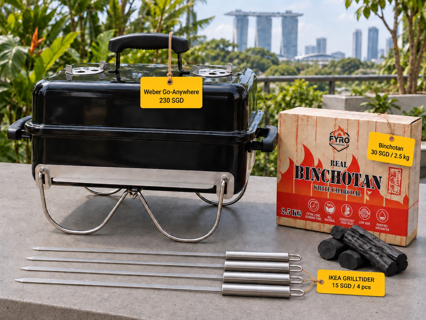 A portable Weber Go-Anywhere, four flat IKEA skewers and binchotan charcoal with indicative Singapore-dollar price tags.