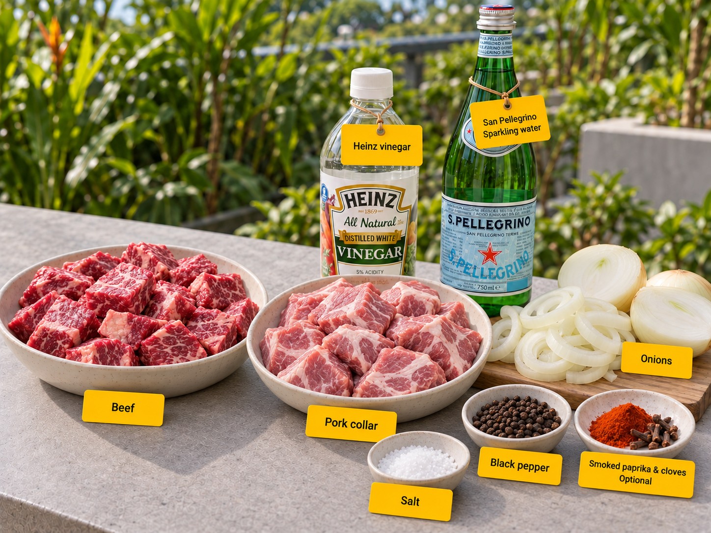 Separate plates of beef and pork collar beside onions, Heinz vinegar, San Pellegrino, salt and black pepper; smoked paprika and cloves are optional.