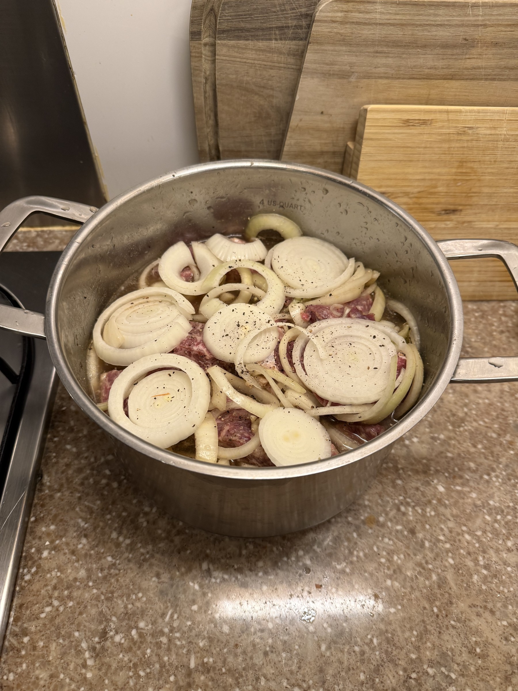 Meat covered with thick onion rings and black pepper in a pot of marinade.